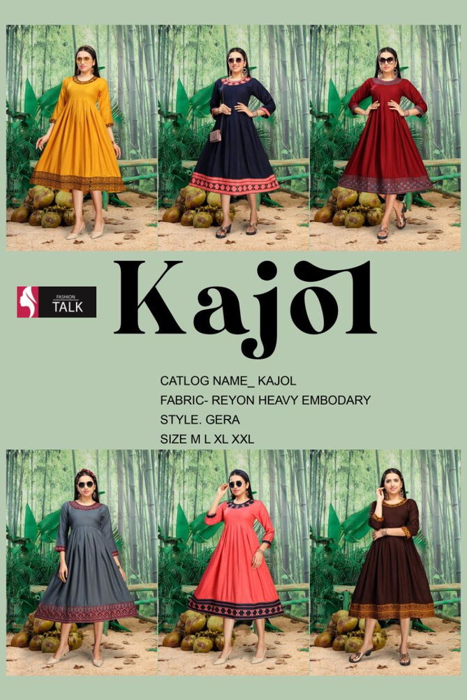 Ft Kajol Flair Embroidred Latest Fancy Designer Casual Wear Rayon Kurti Collection
